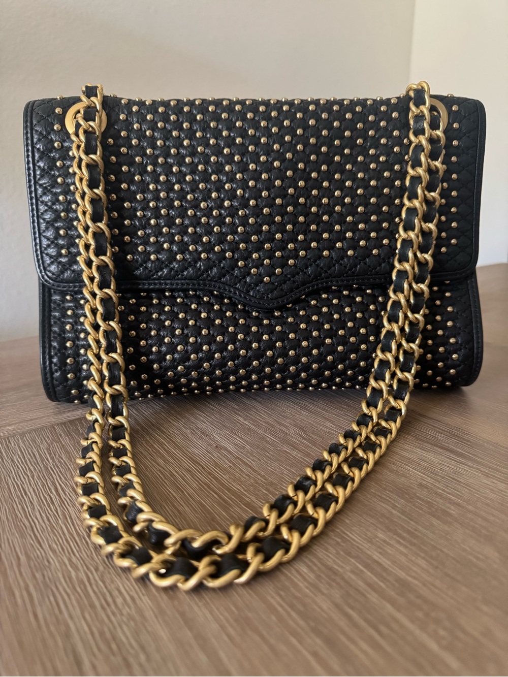 Rebecca Minkoff Black Studded Shoulder Bag with Gold Chain